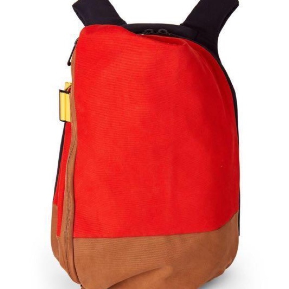 Red and Brown Minimalist Backpack with Color-Blocked Design
